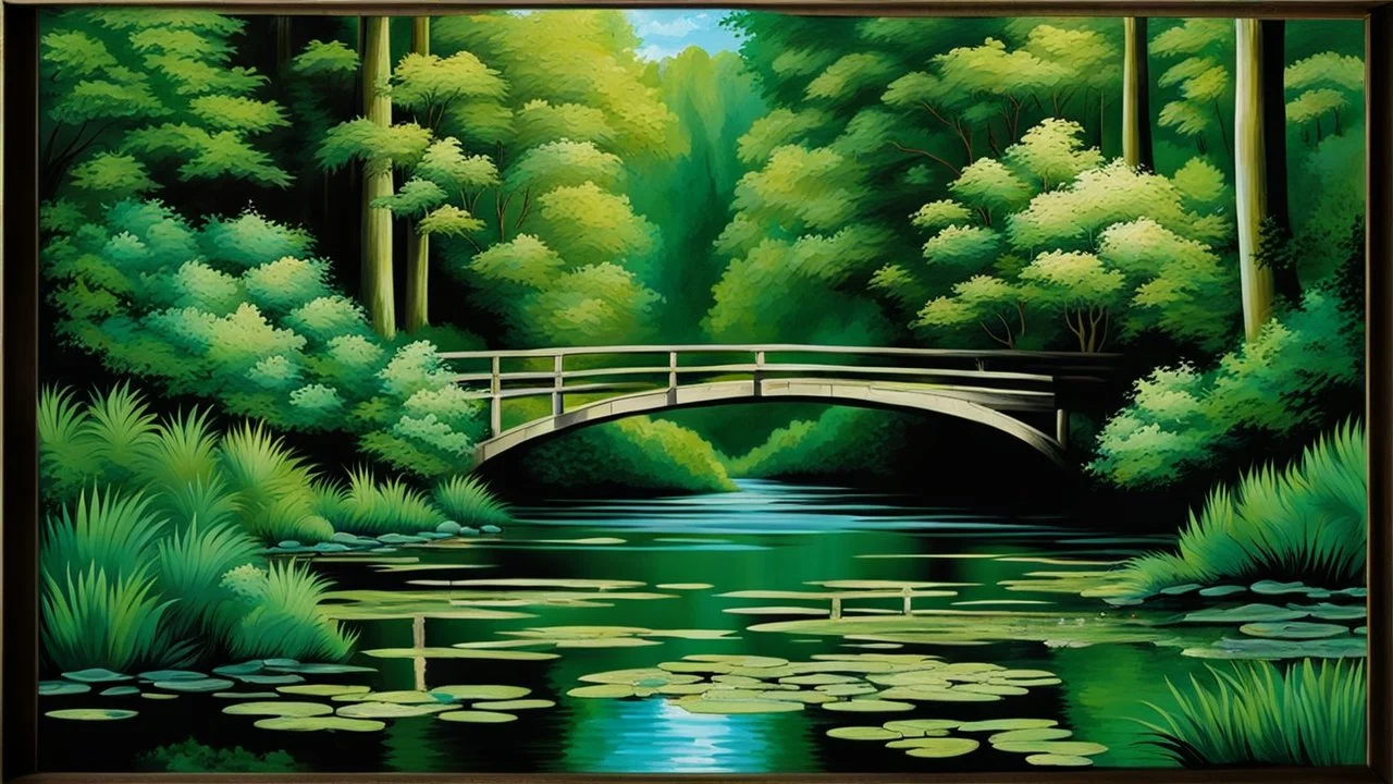 A peaceful scene of a river flowing through a lush, green forest. The water is calm, and the surrounding trees and bushes create a picturesque, natural environment, paint by Monet style.