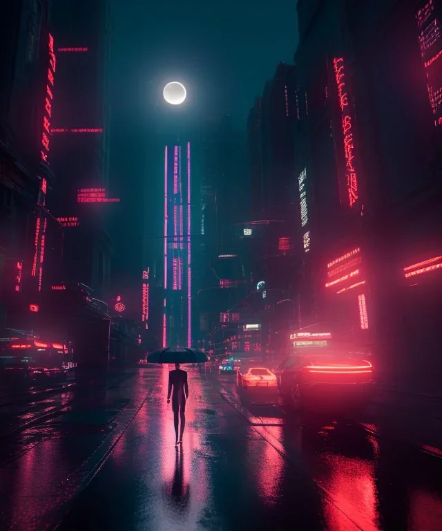 circular white moon, 3D, beautiful, light reflecting, empty city, midnight, rainy night, neon, cyberpunk, person walking