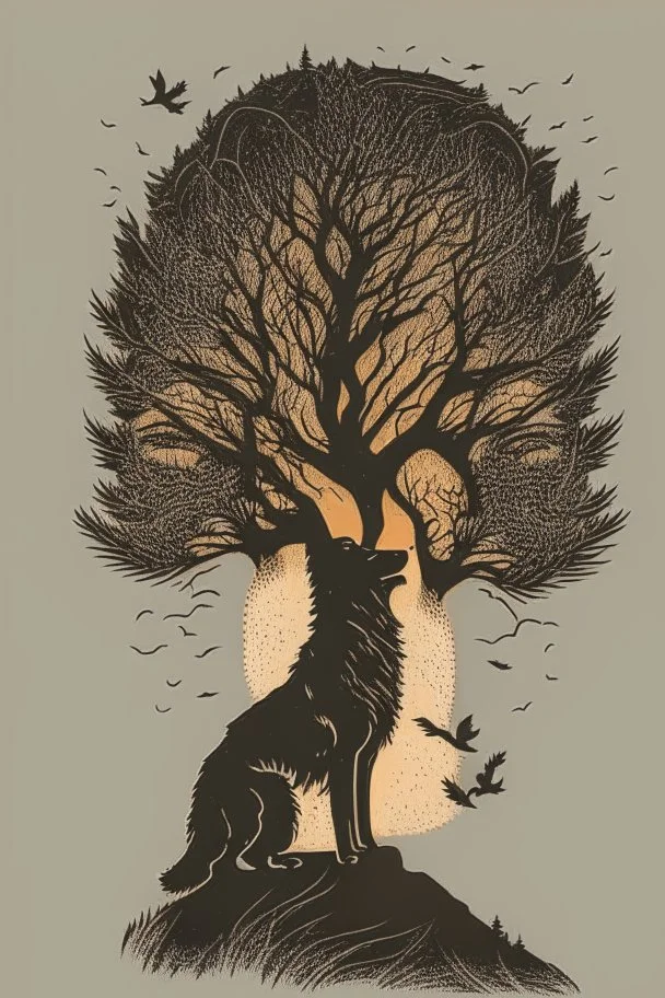 in a cosy vintage style, a wolf howls at a black tree