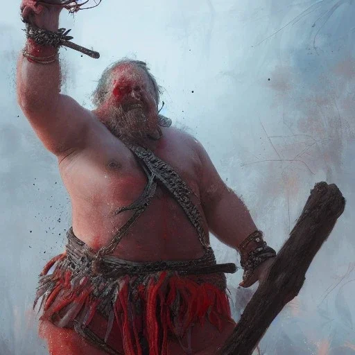 Insanely detailed photograph of an “portrait of a Giant Downsyndrome D&D barbarian wearing a red loincloth ”, smiling clear face and hyperdetailed painting by Ismail Inceoglu Huang Guangjian and Dan Witz CGSociety ZBrush Central fantasy art album cover art,8K, hdr, epic, mysterious, ominous, hands focused on a glowing D20, jewelry, motivated