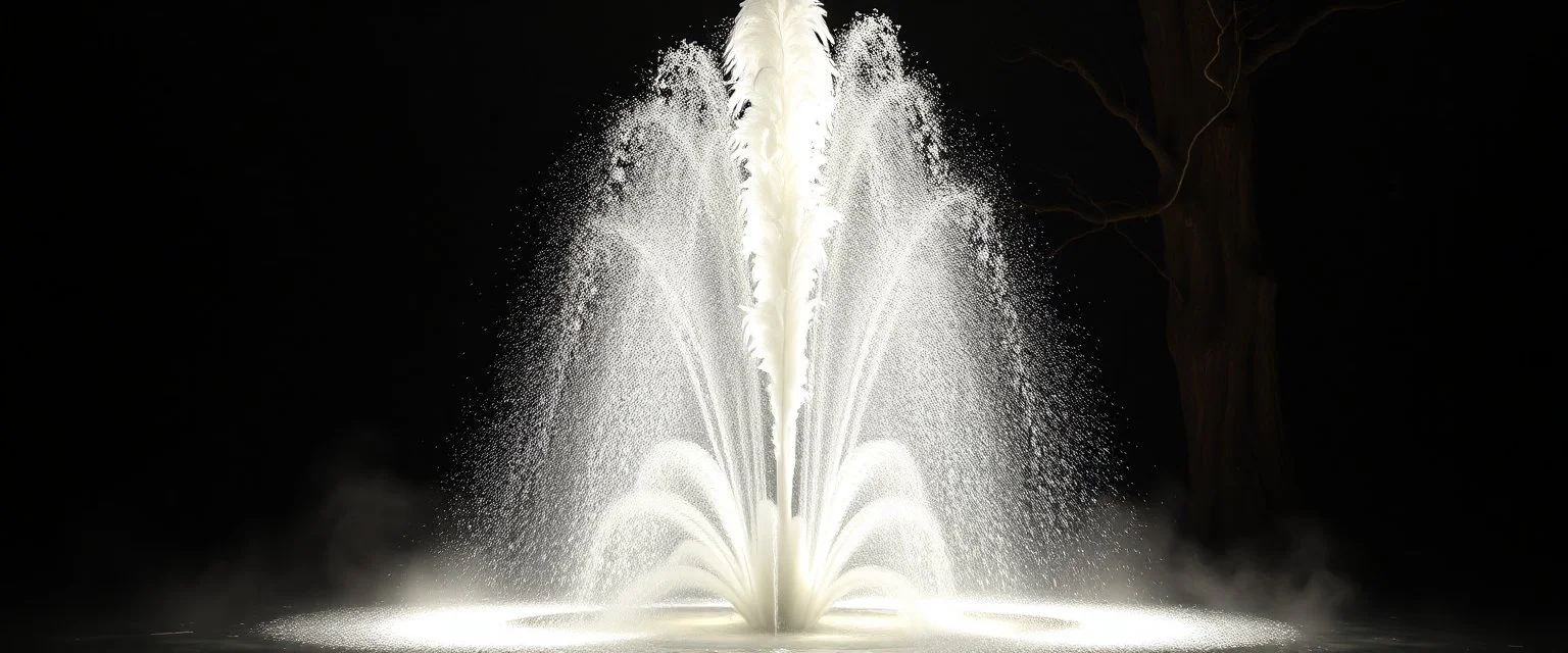 flickering tv screen, a fountain light mist smoke and feathers, radiant white feather light mirror bounce ancient angelic wooden treant by dark fountain,sonoluminessence