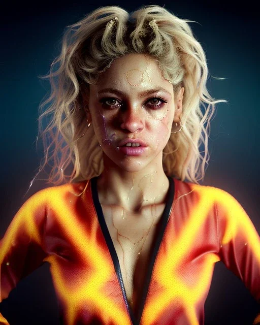 portrait, Shakira, blonde artist, angry, Realistic image, MMA robe, hoodie, mouthguard, nose, band aid, loose long hair, eyes make up, line gold make up, glow, circle iris. Rain, fog, Neon colors, leds. Dark background, photo studio, concept art, smooth, unreal engine 5, god lights, ray tracing, RTX, lumen lighting, ultra detail, volumetric lighting, 3d, finely drawn, high definition, 4k.