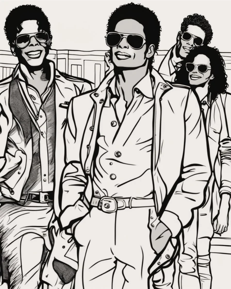 Michael Jackson, b&w line art style fashion, preppy style, simple line art, one line, line art, line drawing style, white background, picture, coloring book style on white background, well composed, clean coloring book page, No dither, no gradient, strong outline, No fill, No solids, vector illustration, –ar 9:11 –v 5