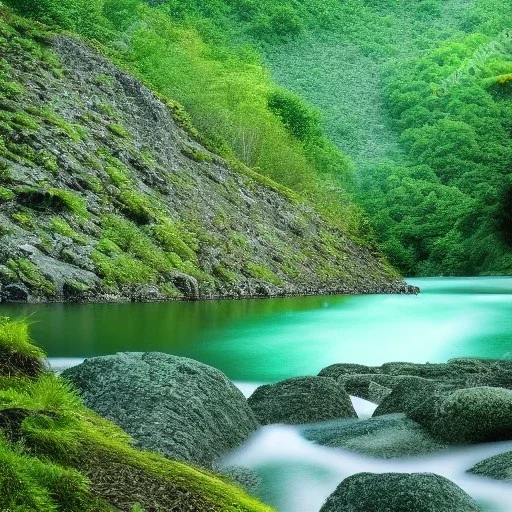 a dense florest at night, green, river, stones, raining, high detailed