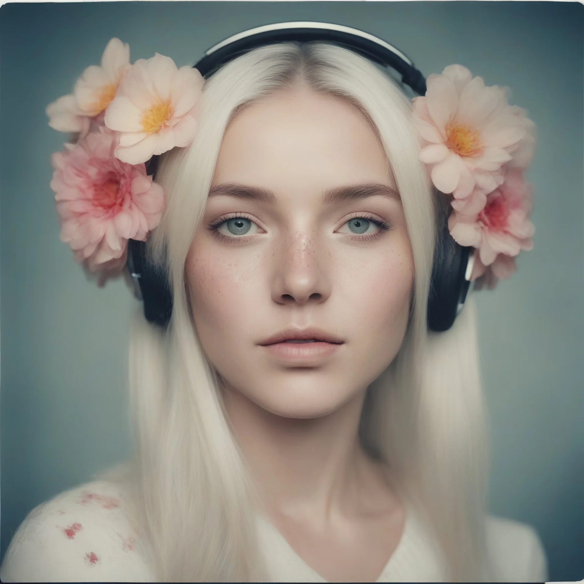 2030s Polaroid head shot of a stunning young platinum straight haired woman,with freckles on her face, hair adorned with big flowers, red cheeks and nose, headphone