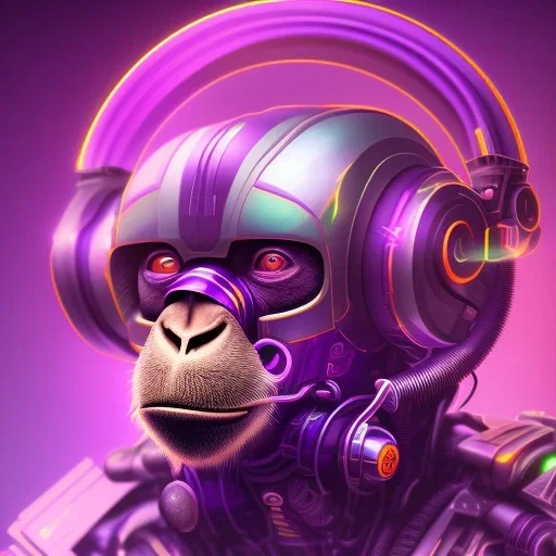 A beautiful portrait of a cyborg monkey purple neon color scheme, high key lighting, volumetric light high details psychedelic background