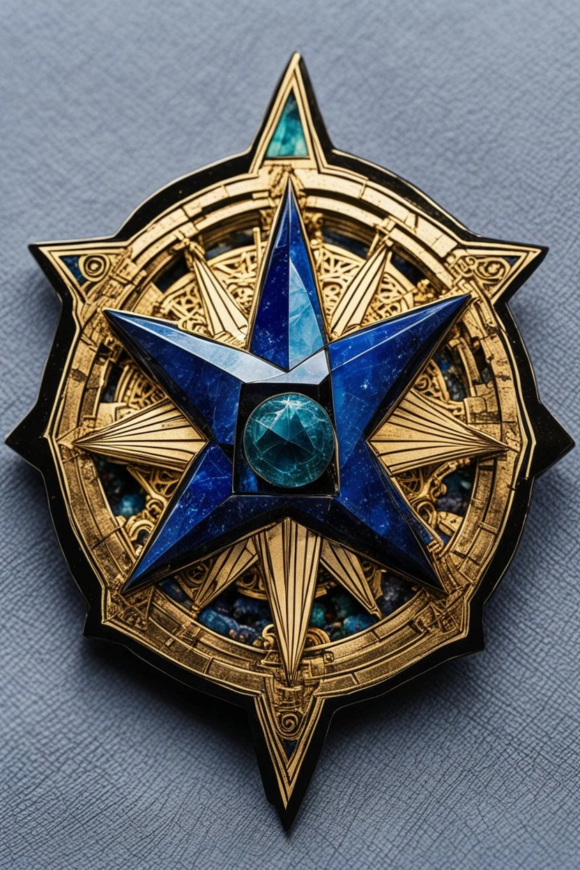 the symbol of an ancient Catalan female vampire coven , in the form of highly detailed 12 sided star worked in lapis lazuli, aquamarine, and jade, with the all seeing eye at its center lapel pin, in the graphic novel style of Bill Sienkiewicz, Jean Giraud Moebius, and Enki Bilal