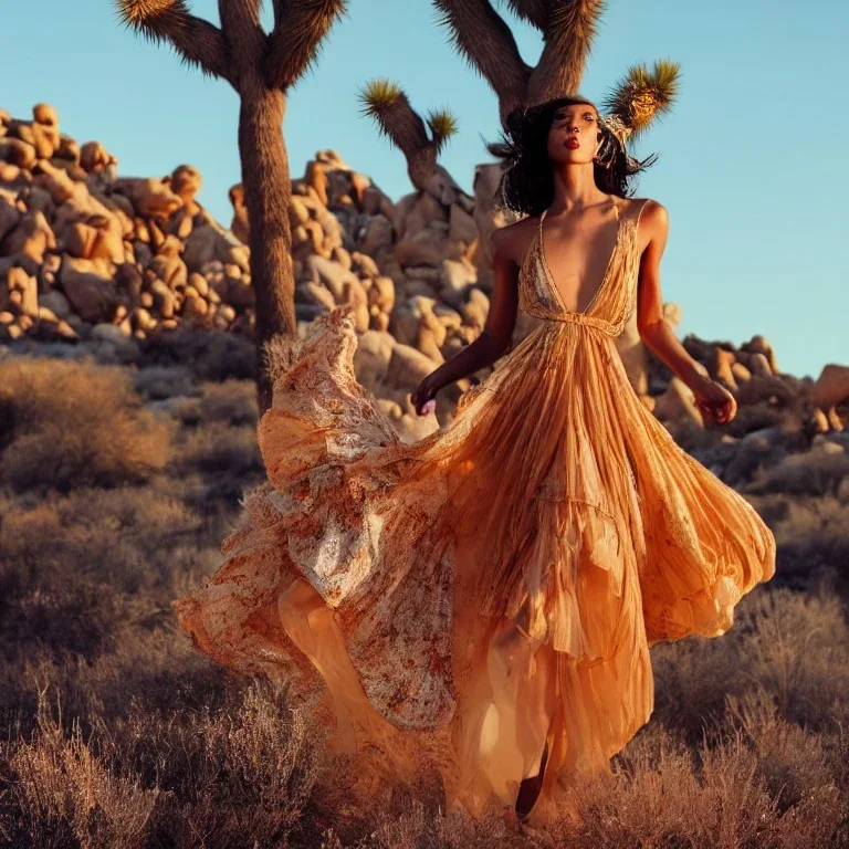 Isane pretty young woman "Top Model" in a stunning maximalist short flowy dark dress, vogue, 8k, ektar, joshua tree, fashion. golden hour cinematic, rebecca guay, frank frazetta.