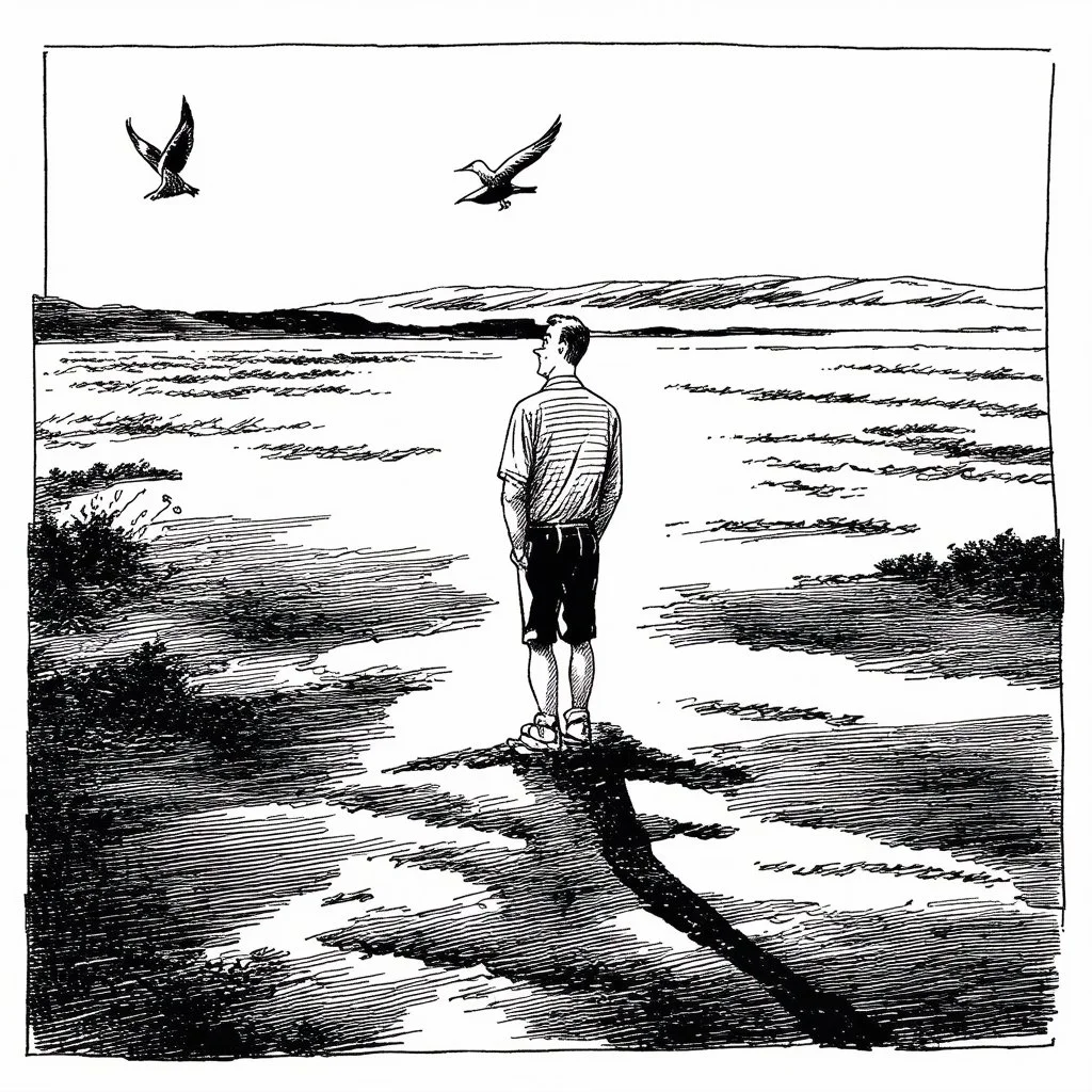 a alone man. pen and ink, birds eye view, illustrated by hergé, Background space and earth