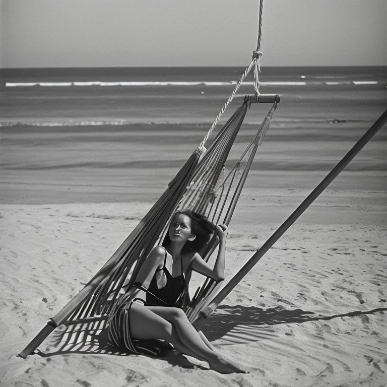 mujer sentada en una hamaca de madera en la playa, fotografía real, fotografía realizada con un cámara Fuji y objetivo de 35mm, fotografía en blanco y negro, tono años 60