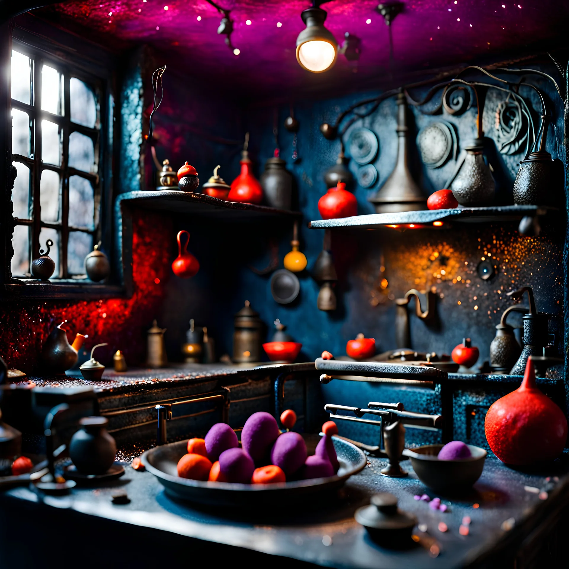 Detailed creepy kitchen made of modeling clay, naïve, Tim Burton, strong texture, extreme detail, Max Ernst, decal, rich moody colors, sparkles, Yves Tanguy, bokeh, odd