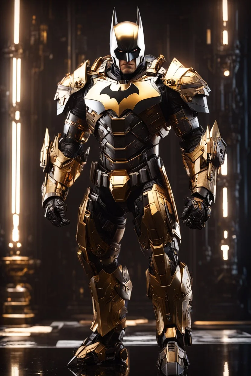 Batman mechanical robo warrior character, anthropomorphic figure, wearing futuristic mecha warrior armor and weapons, reflection mapping, realistic figure, hyperdetailed, cinematic lighting photography, 32k uhd with a golden staff, red lighting on suit