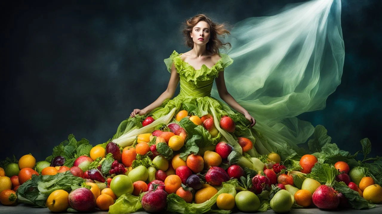 Dramatic dynamic photography portrait of a fruit woman in a salad dress, photograph inspired by Igor Morsky in the style of Sophie Delaporte, beautiful fairy model, textured, volumetric lighting, bright colors, exciting