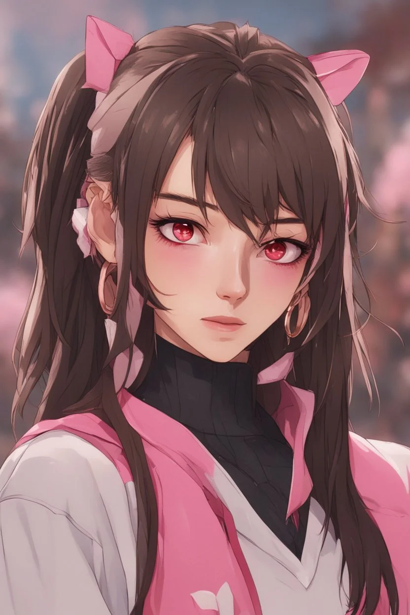 close up headshot portrait of beautiful femboy college student, feminine, male, dark brown hair, red eyes, pretty body, perfect face, Wadim Kashin, James Gurney, amazing beauty, college campus background, has pink accents on clothes, anime style, 8k resolution, high definition, intricate design