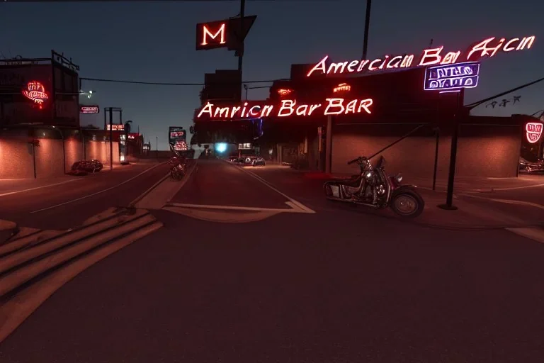  american biker bar, motorcycles, highway ,country, night lighting , realistic, unity engine, cinematic lighting, scriptable render pipeline.