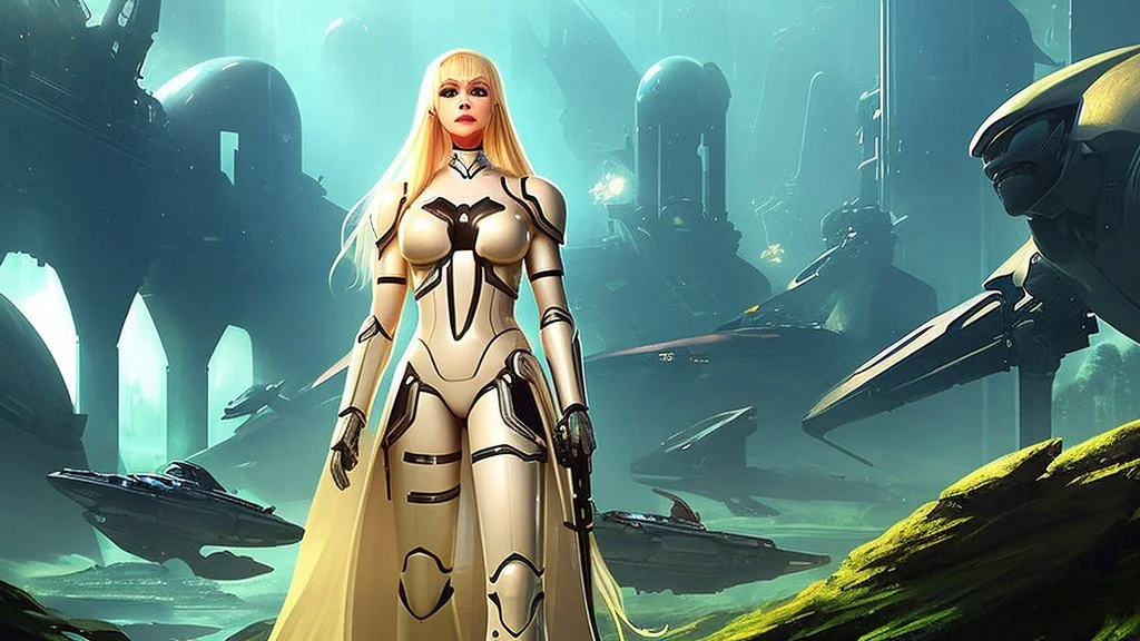 Wide-angle, full body of a woman, with straight blond hair, dressed like a robot, with equipment in her hands, next to a crashed spaceship, on an alien jungle world in the multiverse