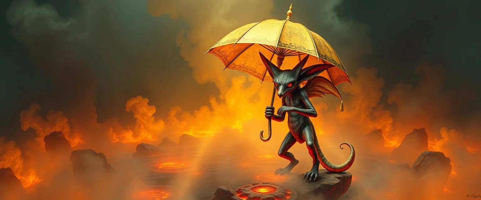 smite by god was alice from wonderland and the evil winged fox gremlin man holding a golden umbrella in a pool of smoke and lava in the style of Escher and Giger.