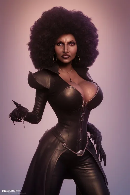 Pam Grier as evil queen in black leather, leather, busty, cleavage, angry, stern look. character design by cory loftis, fenghua zhong, ryohei hase, ismail inceoglu and ruan jia. unreal engine 5, artistic lighting, highly detailed, photorealistic, fantasy