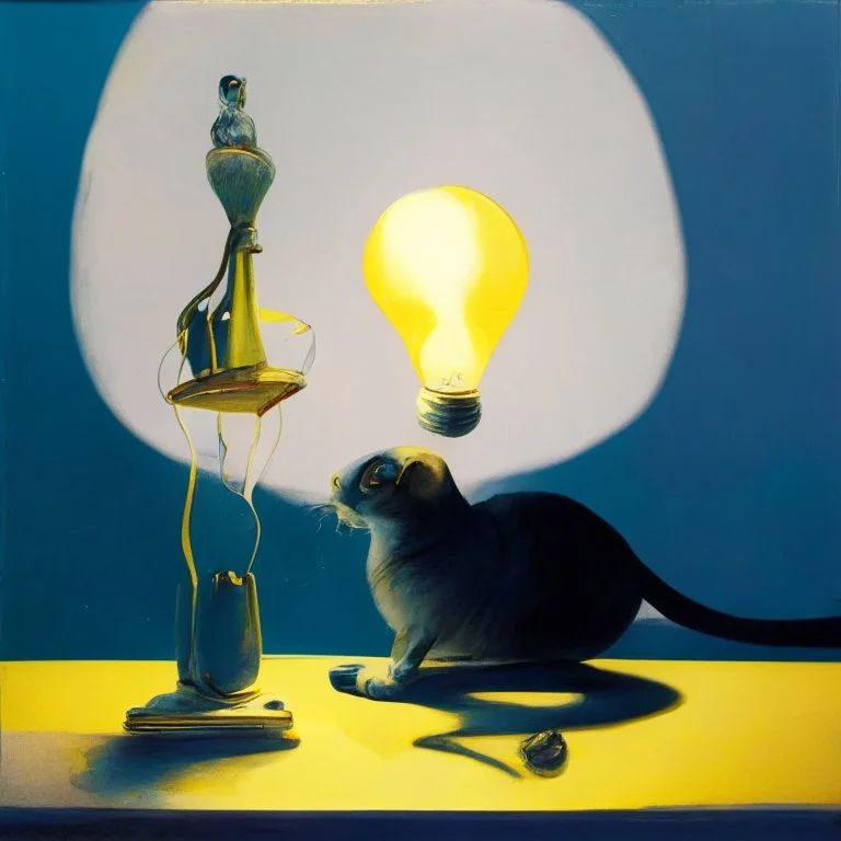 Abstract painting formed by a mix of human flesh-like surgical instruments and universe-like neuralink, a cat looking at a pigeon inside a huge bulb between light and shadow at dusk,surrealism,minimalism,Painting By Adrian Ghenie, Rene Magritte, Salvador Dali, Lucian Freud