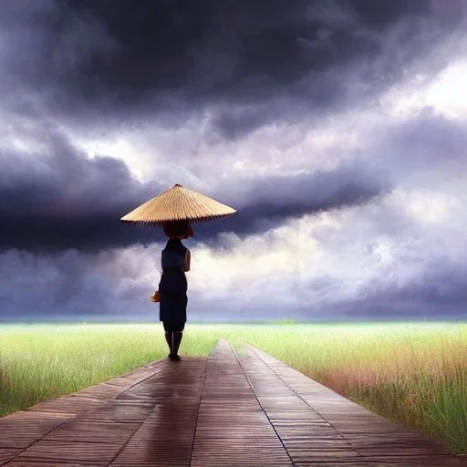 view from behind of japanese girl with bamboo umbrella looking up a break of white clouds and sunlight in the middle of a stormy sky, wooden walkway, ocean, 8k, high-quality, ultrafine-detail, intricate, digital painting, brian froud, howard lyon, selina french, anna dittmann, annie stokes, Greg Rutowski