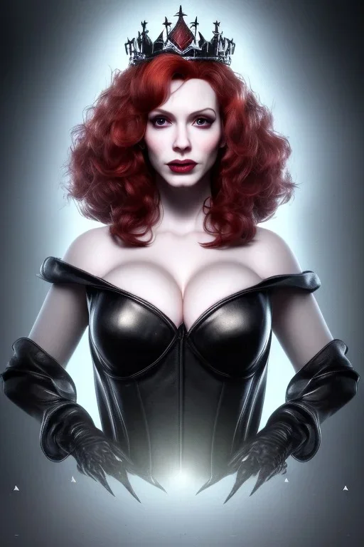 Christina Hendricks as evil queen in black leather gown, feminie, angry, stern look on her face, volouptous, busty, cleavage, emperious, mature unreal 5, octane render,cinema4d, dynamic lighting, dramatic lighting, 4k, redshift render, highly detailed, hyper realistic, in space