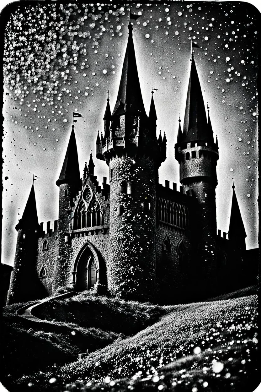 Detailed Ilford photograph of creepy castle, naïve, strong texture, extreme detail, Max Ernst, decal, rich colors, sparkles, Harry Potter style