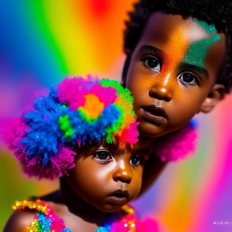 full body shot, masterpiece, best quality, child, boy, dark skinned, sparkling eyes, fluorescent skin, colorful makeup, afro, highly detailed body, sun light, 4K, RAW, depth of field, high contrast, realistic details, 24mm