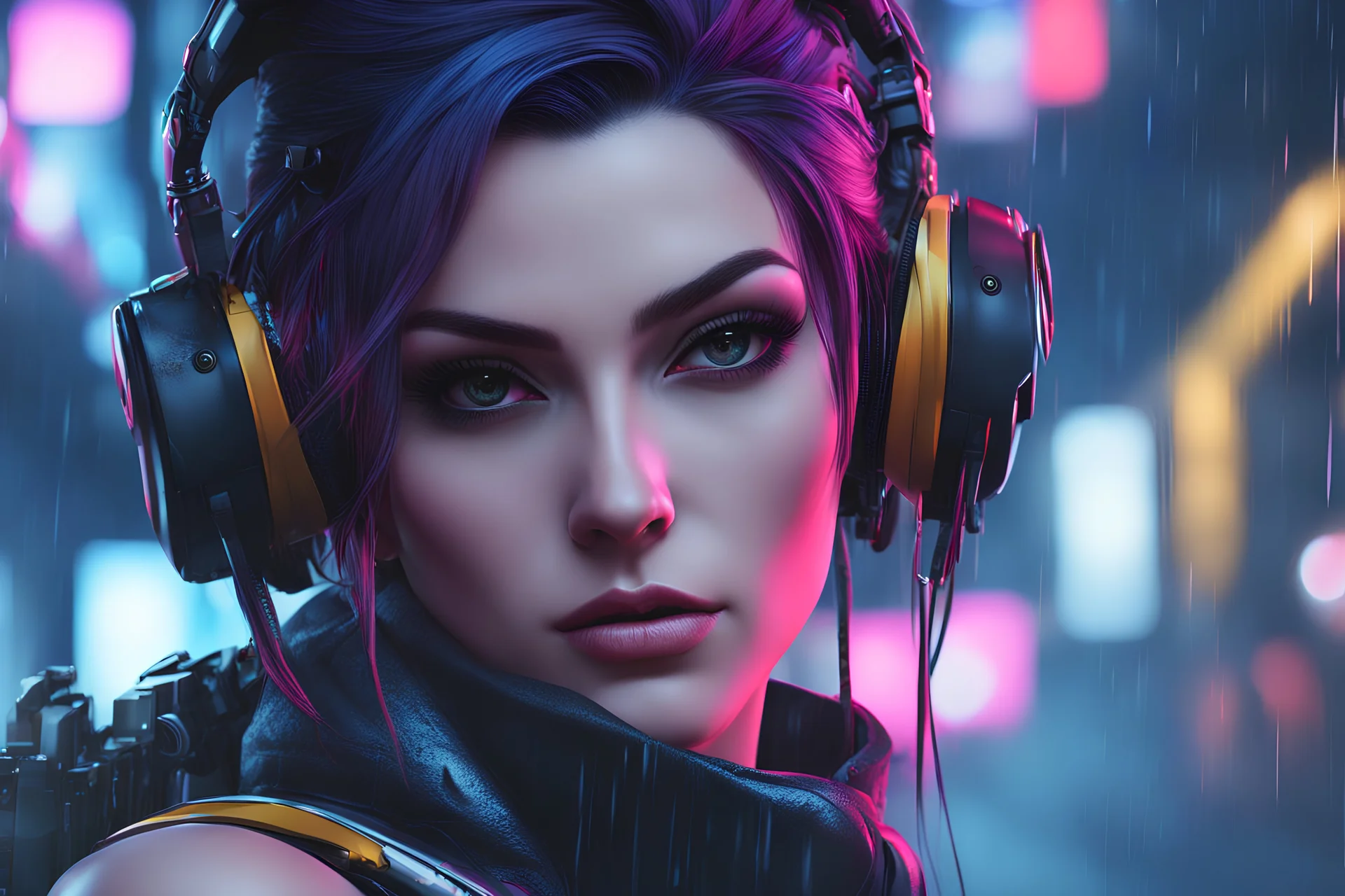 Widowmaker in 8k anime cgi artstyle, cyberpunk them, neon effect, close picture, rain, apocalypse, intricate details, highly detailed, high details, detailed portrait, masterpiece,ultra detailed, ultra quality