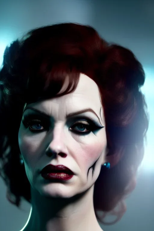 christina hendricks as evil queen in black leather, angry, stern look, volumetric lighting, particales,highly detailed,cinematic, deep colours,8