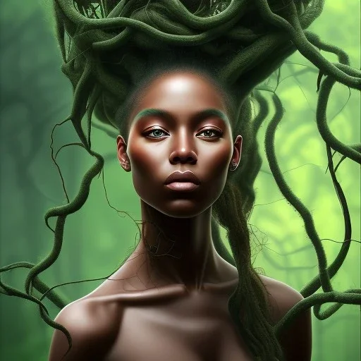 Painting .the face of A young black woman. A wood nymph emerging from the forest. Her hair looks like vines. Dreadlocs. Her skin is the colour of dark soil. Her skin looks like tree bark. Her clothing is made of vines, grass and leaves.