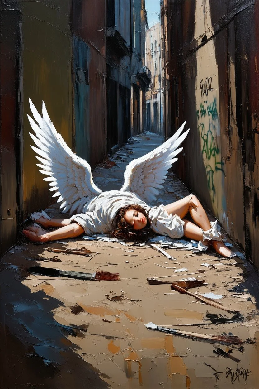 Abstract expressionism oil painting of an Urban alley grunge scene, fallen angel laying on ground in ripped robes, white stained wings, feathers misplaced, slight glowing, but broken halo. Dirty walls, graffiti in Latin, oil on the ground. Harsh shadows and goth undertones. areal view looking down , messy brush strokes, close up