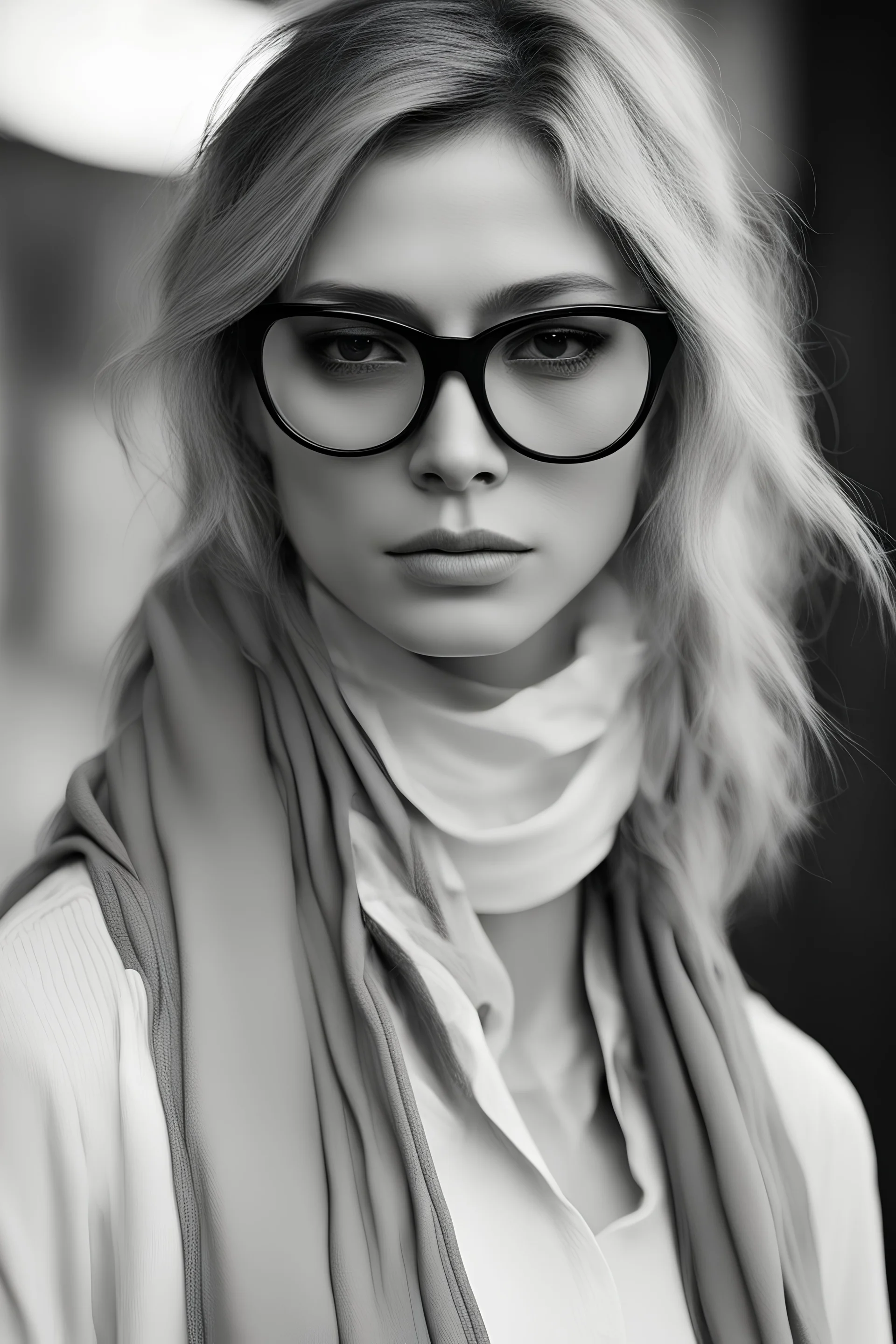 el rostro de una mujer con gafas totalmente oscuras y con expresión seria en blanco y negro que no se ven los ojos, que solamente se vea su rostro y cuello que no se vean sus ojos, gafas mas oscuras que su expresión sea más seria, mucho más seria casi triste