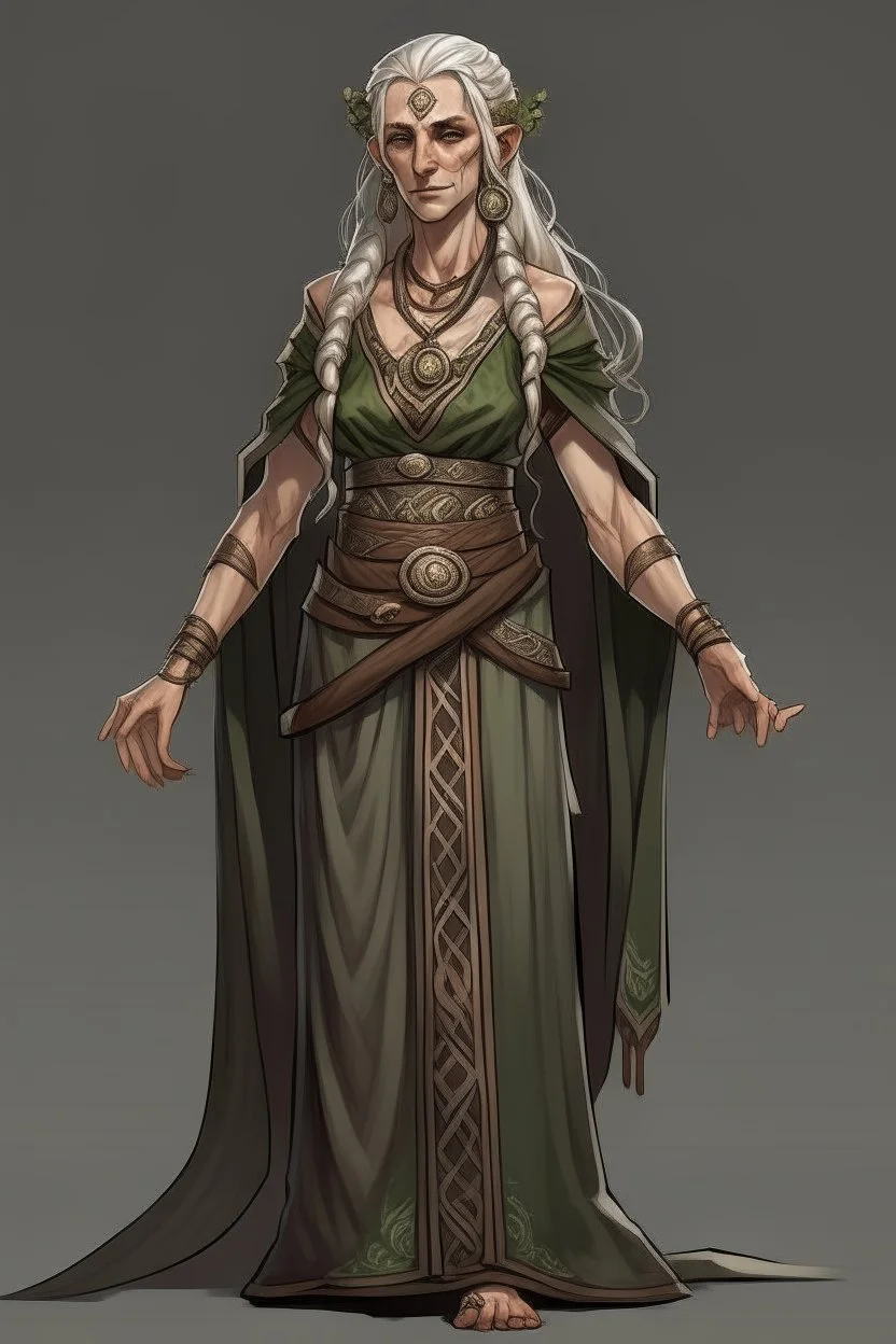 female middle aged high elf druid wearing medieval clothes with hands behind her back