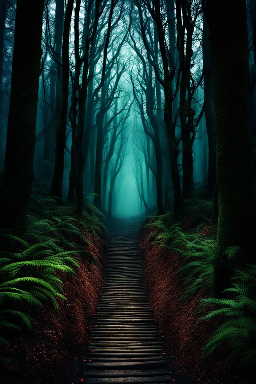 pathway leading into a Dark forest. fantasy