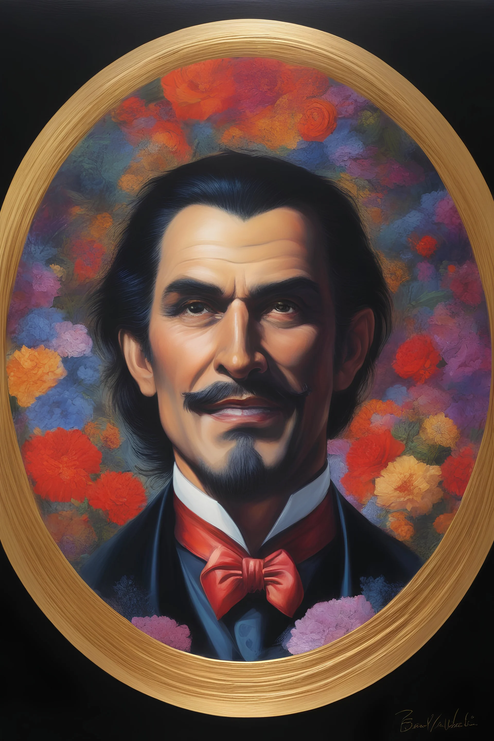 Count Dracula's face inside a small gold circle, Vina Malik, multicolored, large, Floral/rainbow designs, atmospheric, beautiful, bright, vibrant colors, pitch-black background, oil painting by Boris Vallejo, 4k UHD, Photorealistic, professional quality