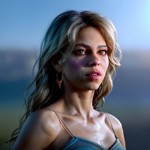 Shakira, 40 years old, artist, Realistic image, waist up portrait. eyes make up, perfect, glow, circle iris. concept art, smooth, unreal engine 5, god lights, ray tracing, RTX, lumen lighting, ultra detail, volumetric lighting, 3d, finely drawn, high definition, 4k.