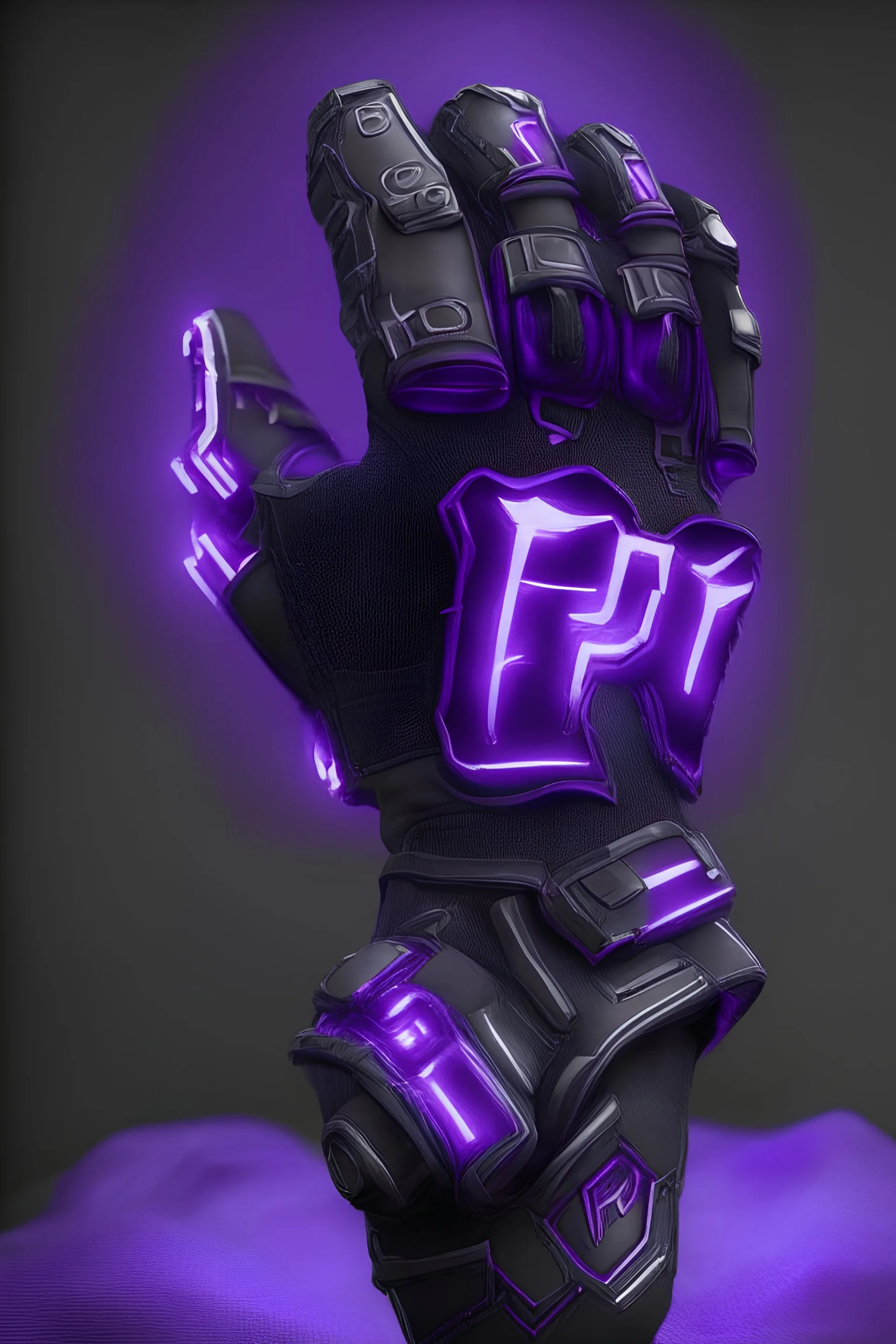 Very detailed, realistic, futuristic video game power gloves. Dark purple and black, with light purple lights. And a logo the letters P, L. A. Y. R. in that order. Make it look as authentic and as high res as possible.