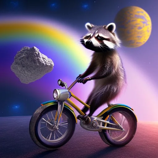 A raccoon astronaut riding a rainbow bike on a mission to gather space trash, jumping over asteroids as he goes.