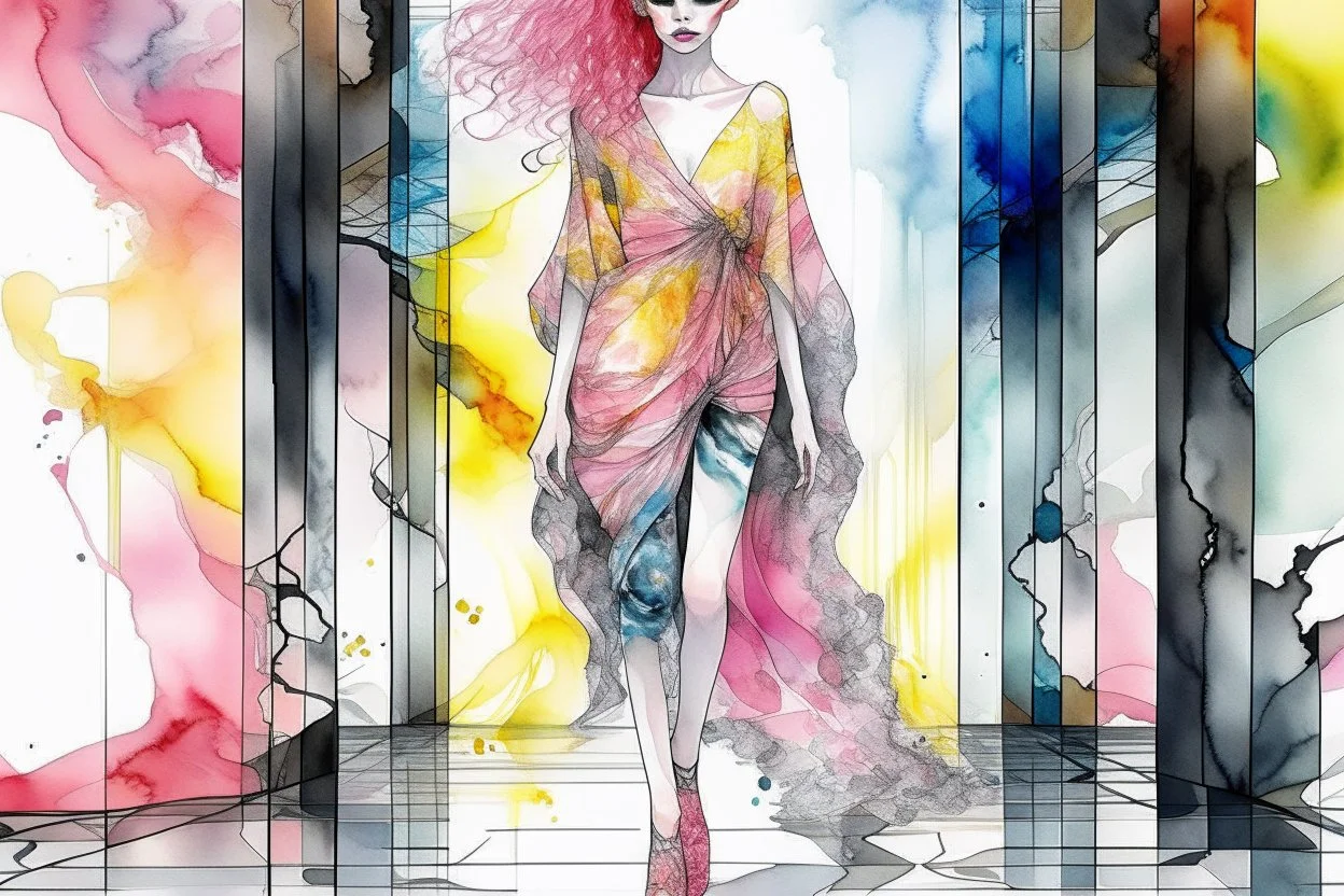 A beautiful woman with knee-length curly pink hair, wearing a spider-sleeved ankle-length tie-dye kaftan and silver high-heeled sandals, double exposure, merged layers, watercolor and black ink outlines, soft, shading strokes, cracked marble holographic background, the cracks are golden S<AI in sunshine