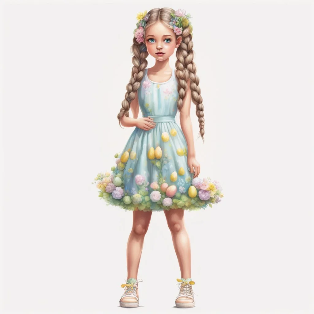 Isolated on white background, Beautiful, full body, spring inspired girl with big double braids, wearing a mid thigh spring dress in pasted easter colors, barefeet, airbrush illustration, high resolution, 8K, no background, no shadow