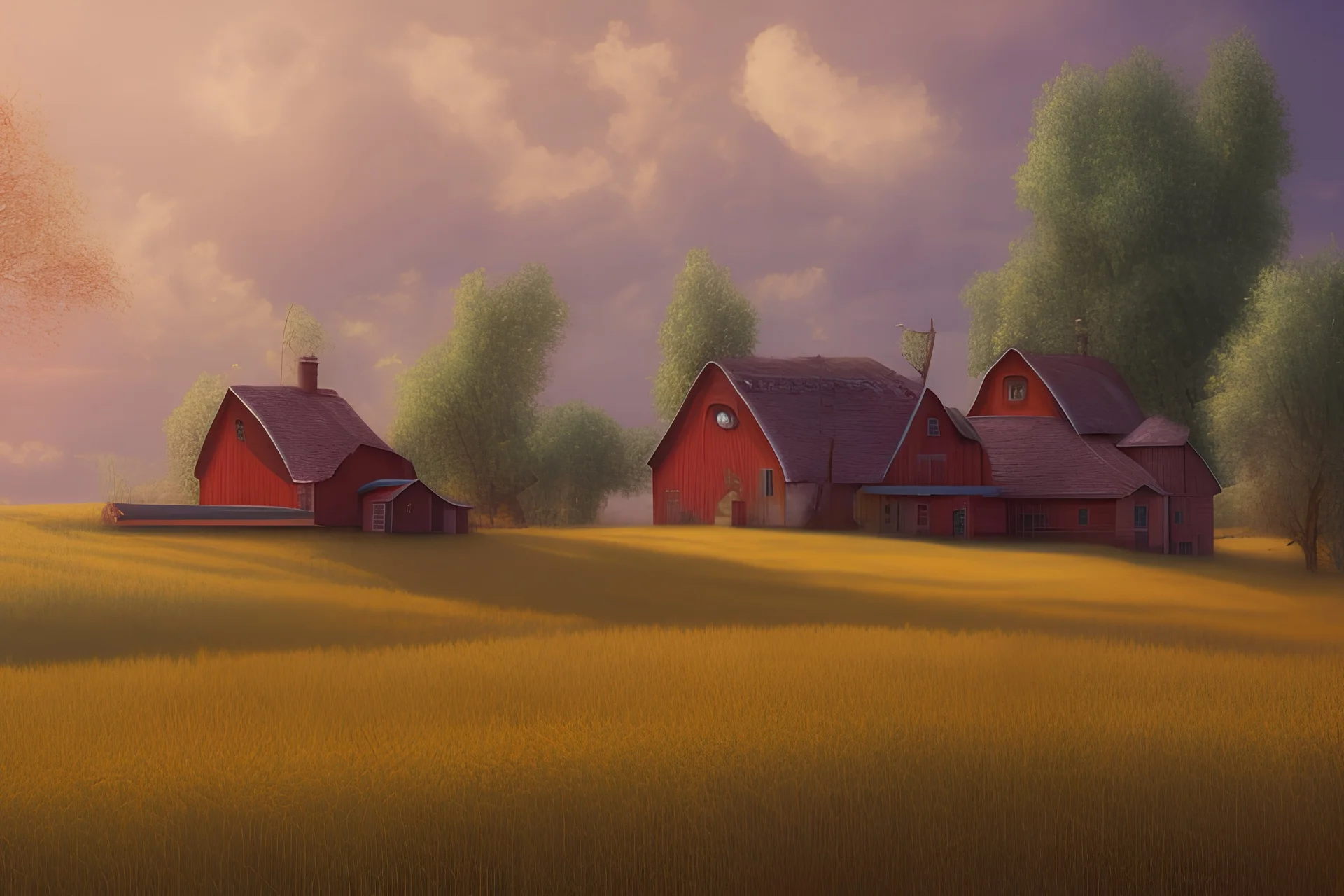 Sunny farm with wheat field and red farm house.