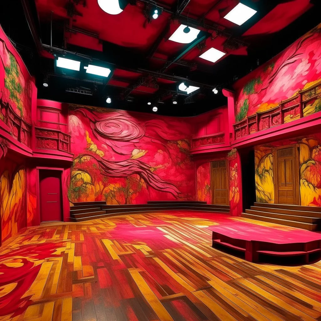 A reddish magenta drama theater with abstracted shapes painted by Vincent van Gogh