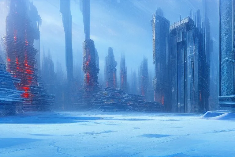 cyberpunk buildings near the frozen lake, winter, tendency to science fiction, realistic vision, impressionism painting