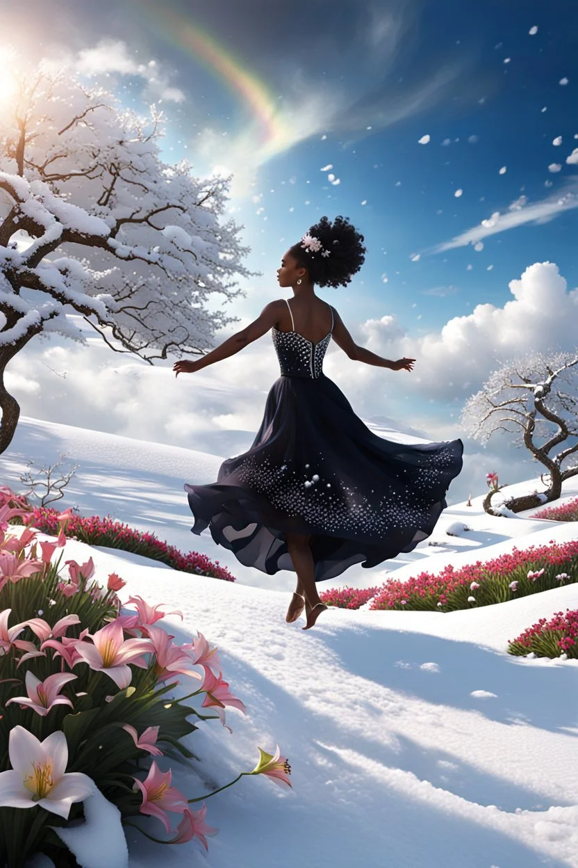 The camera zooms in, focusing sharply on very beautiful black godus girl with make up Lily wearing pretty dress as she dances gracefully in the same romantic environment with flowers and sky with nice clouds. Her joy and youth are presented against the backdrop of the surreal surroundings.a snow covered tree sitting on top of a snow covered slope, detailed swirling water tornado, national geographic footage, inspired by Sim Sa-jeong, by Huang Tingjian, still from a 2015 pixar movie, infrared ca