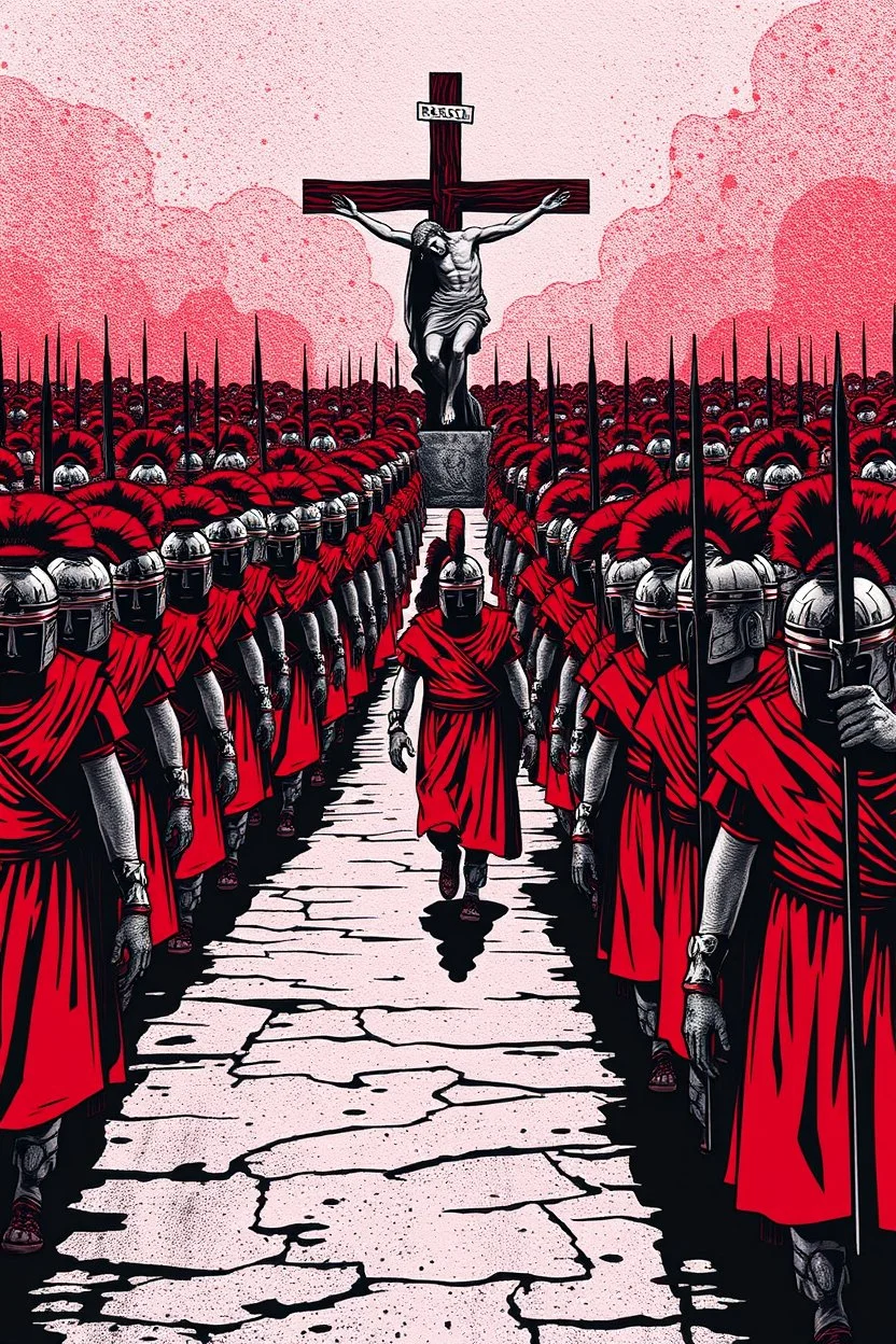 "A conceptual black-and- gdark Red digital illustration of a massive roman warriors walking in the same direction, heads down, symbolizing conformity. Jesus on the cross in the background, The atmosphere feels lifeless and repetitive, emphasizing the ordinary mindset of the majority."