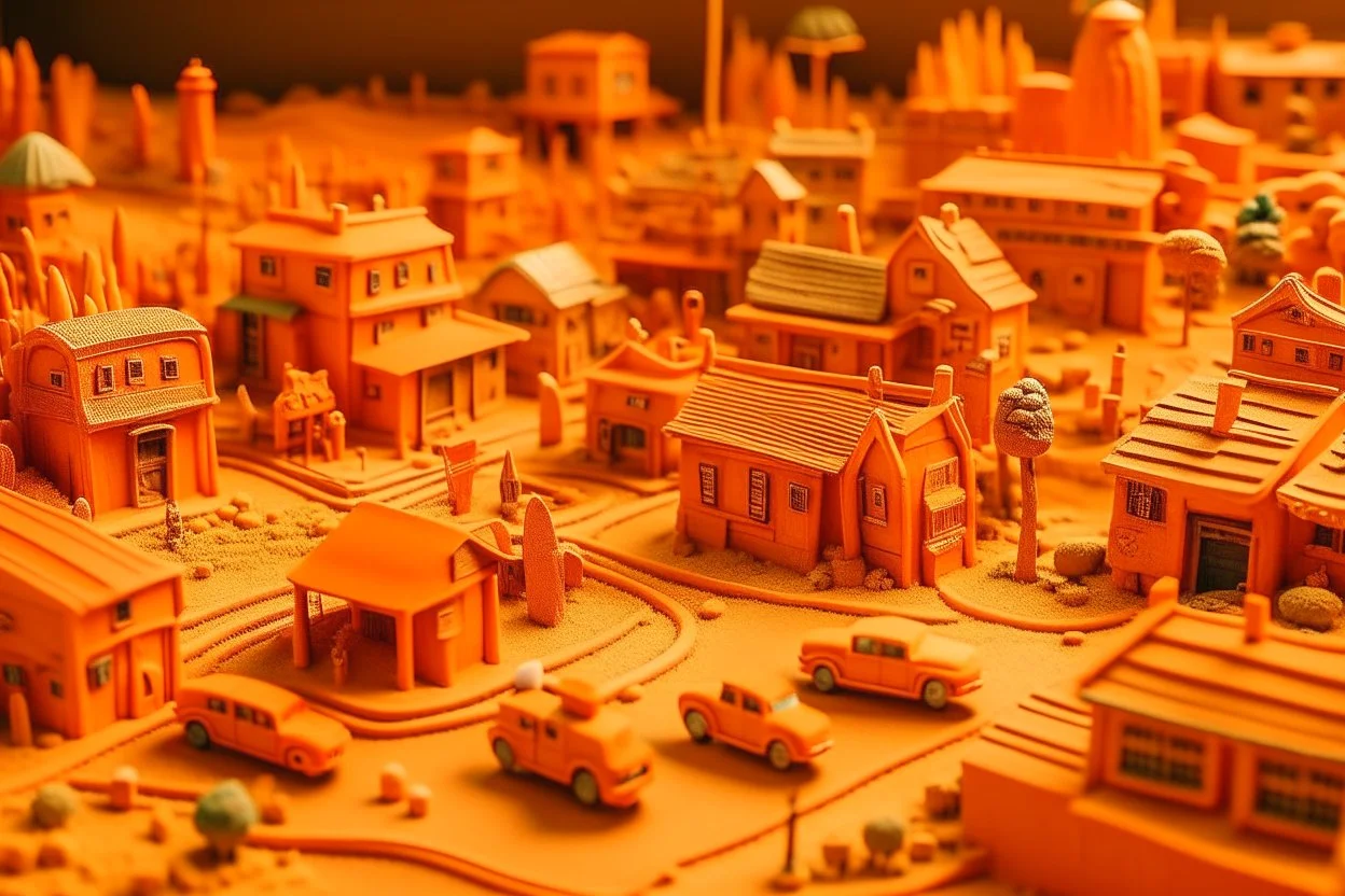 An orange colored small town made out of toys designed in Native American petroglyphs