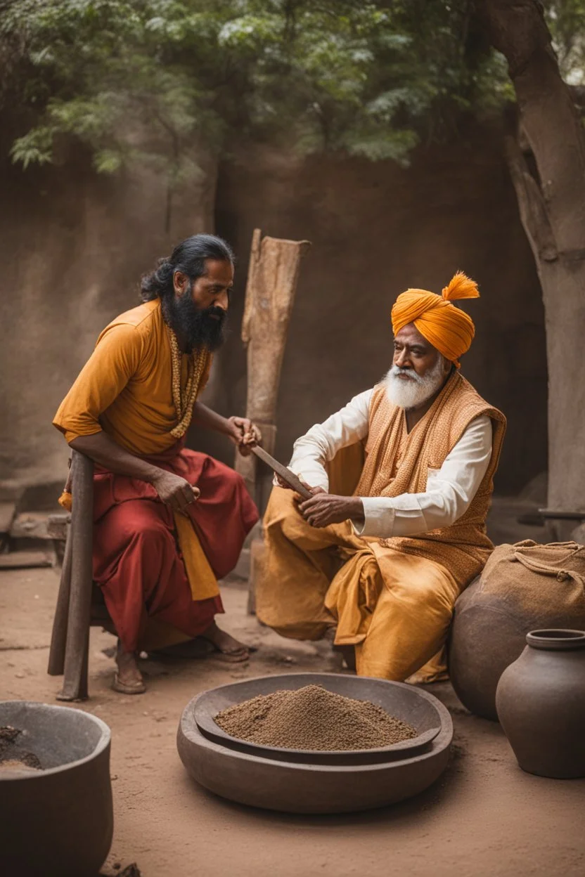 A Indian blacksmith seat on ground and work something with a Indian king standing in front of him and a bag of sandalwood on one side, the king pointing towards the Bag.