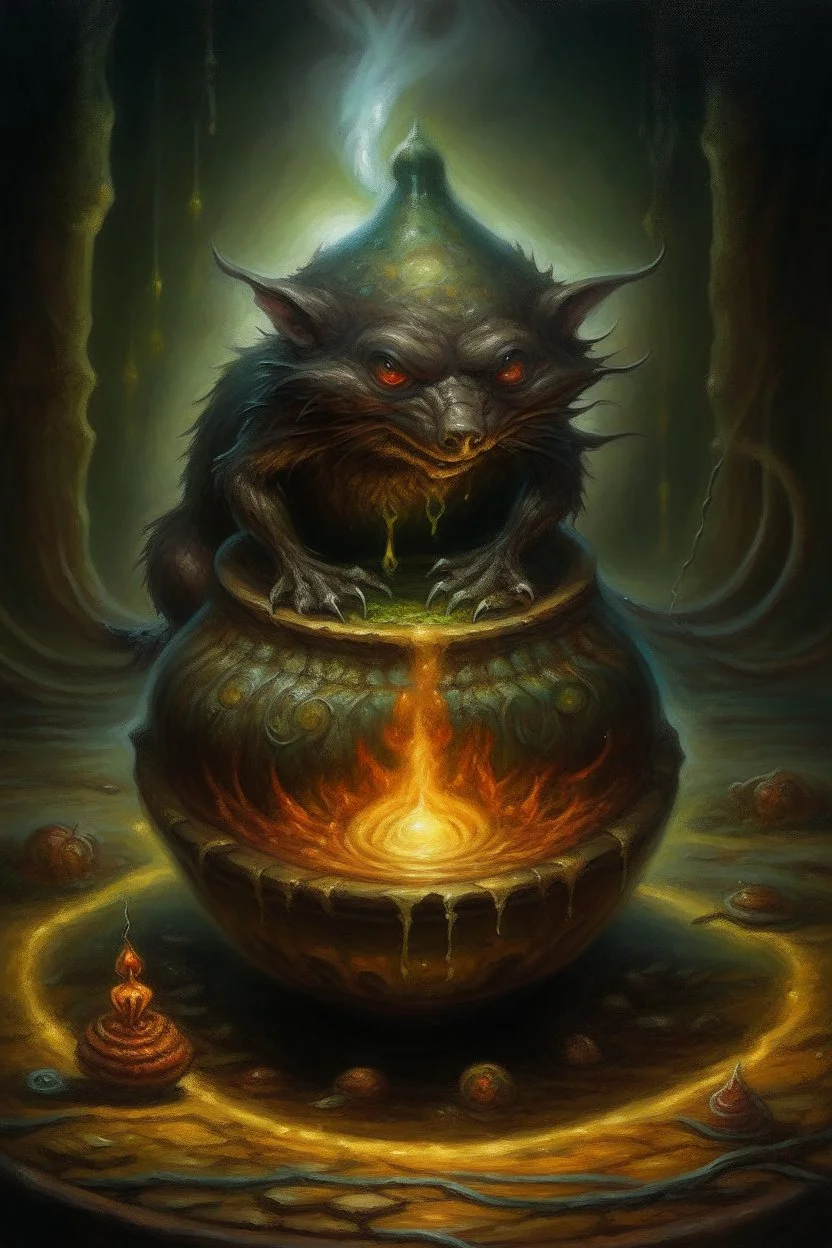 Living cauldron with shining sigil, slightly demonic beaver alien gremlin bat in it, prize winning oil painting