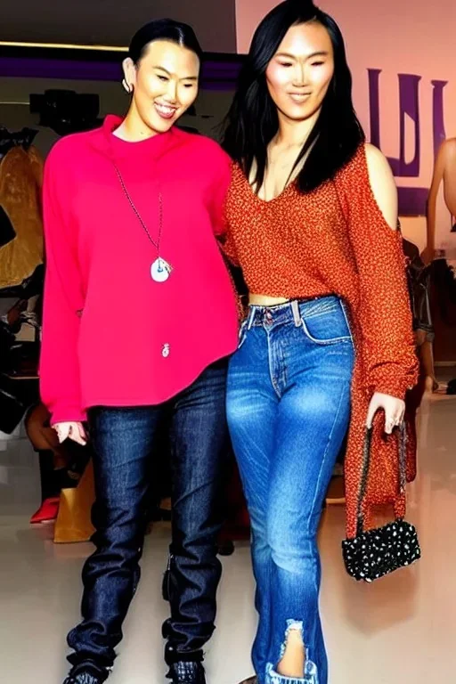 baggy jeans. Fashion colors 2023. Scarlett Johanssen and Asa Akira, shimmer. Blocks of fashion colors in the background of the image. Cool fashion outfit for the year 2023