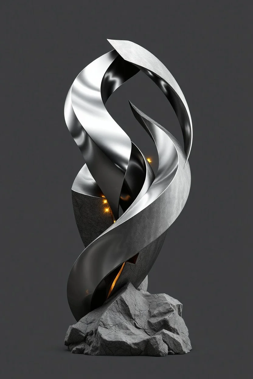 A massive sculpture blending organic, flowing curves with sharp, defined geometric angles and straight lines. Layer 1 (Background): A simple, monochromatic background in a deep gray tone. Layer 2 (Main Subject - Sculpture): Materials of polished metal and rough stone, with hints of luminous elements that pulse with energy. Layer 3 (Details): The intricate transitions between the organic and geometric components. The textures and interactions of the different materials on the sculpture's surface.